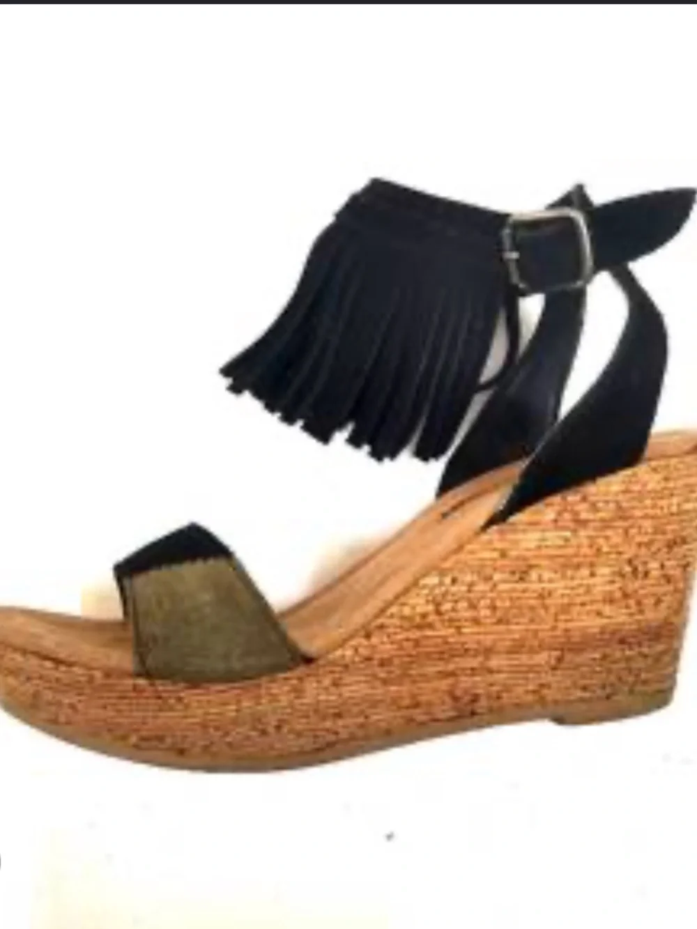 Minnetonka Black and Olive Suede Fringe Cork Wedge Sandals women’s 7